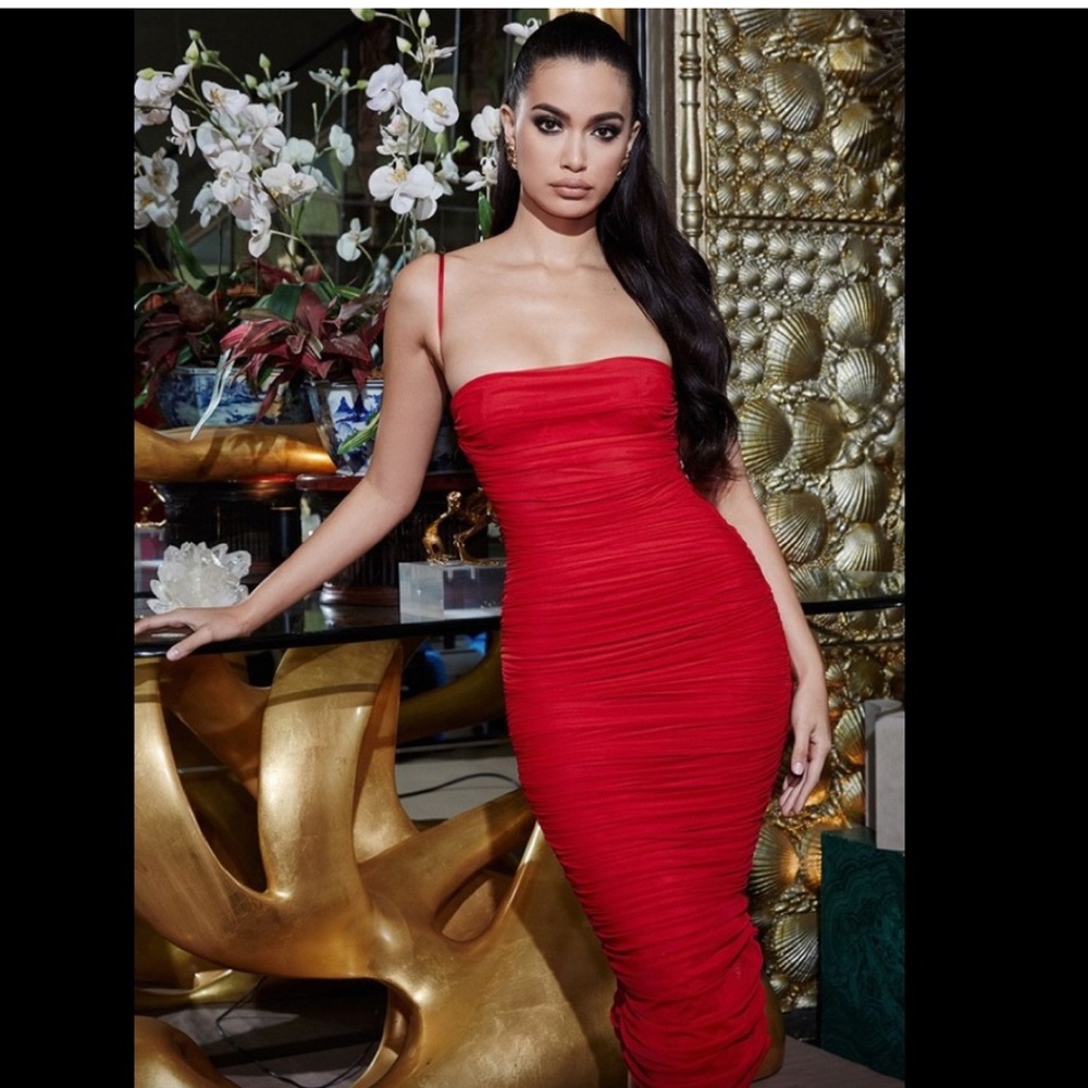 House of CB ruched midi red dress
